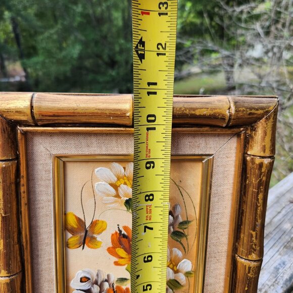 Original Signed Butterfly & Floral Oil Painting On Board In Vintage Faux Bamboo - Picture 3 of 8